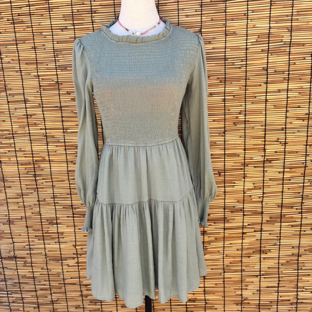 Blu Pepper Sage Green Smocked Tiered Mini Dress Mock Neck Long Sleeve Medium